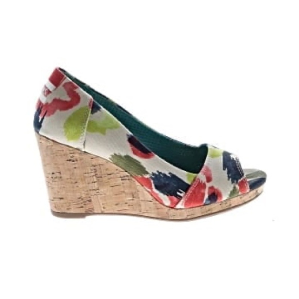 Toms Multicolor Floral Cork Wedge Peep Toe